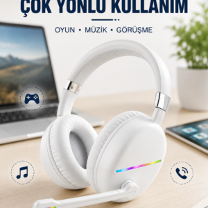 Beyaz Kablosuz Bluetooth Kulaklık Mikrofonlu Ergonomik Kulak Üstü Tasarım