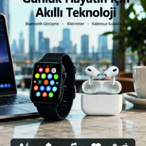 Bluetooth Arama Özellikli Akıllı Saat Seti Kablosuz Kulaklık Hediyeli, Android & iOS Uyumlu