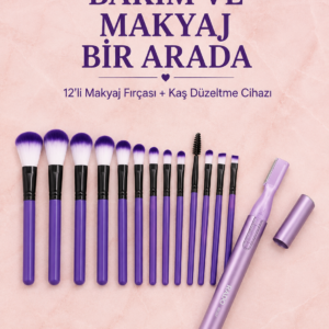 12’li Mor Makyaj Fırça Seti ve Kaş Düzeltme Cihazı Kadın Makyaj ve Kişisel Bakım Seti