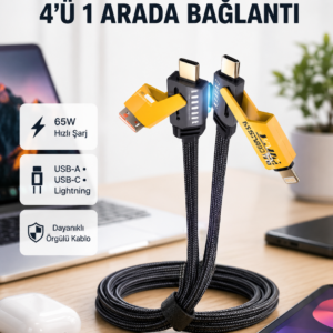 USB-C USB-A 4’ü 1 Arada Örgülü Kablo 65W Hızlı Şarj Metal Uç Dayanıklı