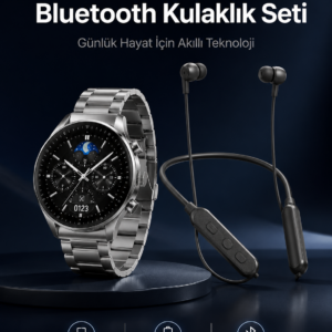 Alarm ve Titreşim Özellikli Akıllı Saat ve Mikrofonlu Kablolu Bluetooth Kulaklık 60 Saat
