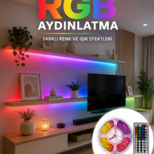 5 Metre Kumandalı RGB LED Şerit 5050 SMD 54 LED/M Renk Değiştiren Ambiyans Aydınlatma
