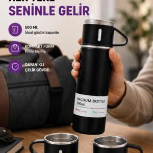 Çelik Termos Bardak Seti | 500 ml Kapasite, Kaymaz Taban, Hediye Kutulu
