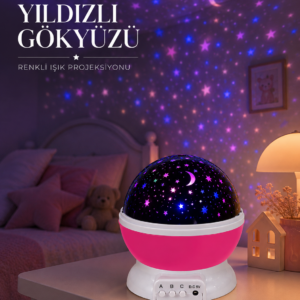 Pembe Döner Yıldız Projektörü USB ve Pilli Kullanımlı Gece Lambası