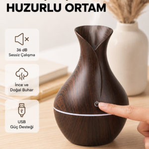 Ahşap Desenli Aromaterapi Difüzör 130 ml Ultrasonik ve 7 Renk LED Işıklı
