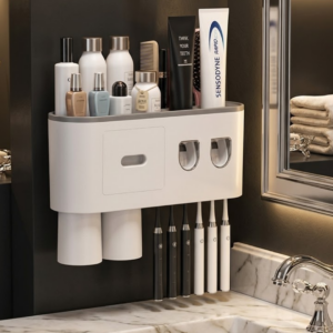 Çift Dispenserli Diş Macunu Sıkacağı 6 Fırçalık Bardaklı Banyo Organizer
