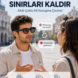 Siyah AI Akıllı Gözlük Fotoğraf Video Ses Kayıtlı Çoklu Dil Çeviri Bluetooth Bağlantılı 3 Lensli