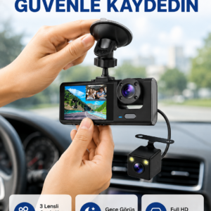 Üç Kameralı Araç İçi Kayıt Sistemi Full HD Gece Görüşlü ve G-Sensör Destekli