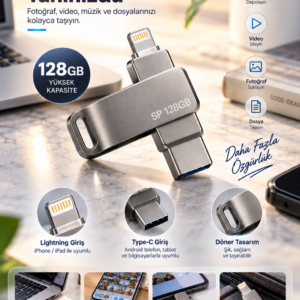 Döner Tasarımlı 128GB Lightning Type C USB Flash Bellek Telefon Tablet ve Bilgisayar Uyumlu
