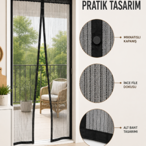 Mıknatıslı Kapı Sinekliği Otomatik Kapanan Siyah File Balkon ve Teras Sinekliği