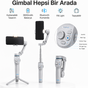 3 Eksen Telefon Gimbal Stabilizer Yapay Zeka Takipli Katlanabilir Dahili Dolgu Işıklı Video Sabitleyici