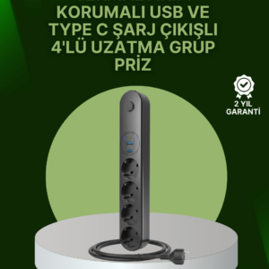4 Priz 2 USB 1 Type-C Akım Korumalı Çoklu Priz Led Anahtarlı