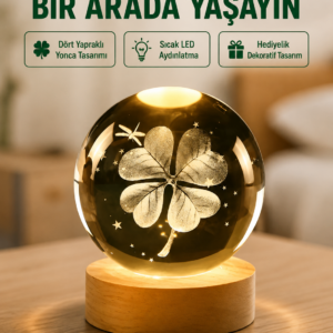 Yonca Figürlü Cam Küre USB Işıklı Ahşap Tabanlı Dekoratif Masa Lambası