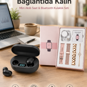 Nabız Ölçer Hediye Bileklikli Akıllı Saat ve Dijital Göstergeli Bluetooth Kulaklık Çoklu Şarj Girişi