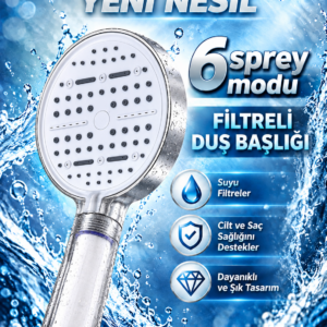 Büyük Panelli 6 Farklı Su Modlu Filtreli Duş Başlığı Beyaz Tasarım
