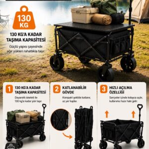 Piknik Kamp Arabası Masalı Geniş Tekerlekli Taşıma ve Yük Arabası 130 Kg
