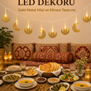 Minareli Hilal LED Işık Gold Metal Gövdeli Pilli Ramazan Dekoru