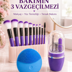 3’lü Güzellik ve Bakım Seti 12’li Mor Makyaj Fırçası Silikon Yüz Temizleme Cihazı ve Manikür Tırnak Bakım Seti