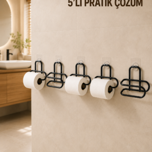 5 Adet Duvara Yapışkanlı WC Kağıtlık Delmeden Montaj Siyah Metal Tuvalet Kağıdı Askısı