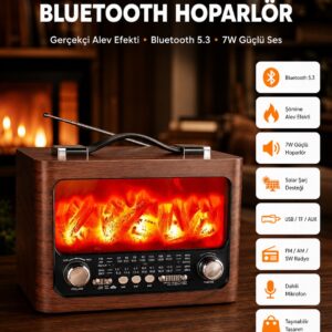 Solar Şarjlı Şömine Işıklı Bluetooth Hoparlör – Radyo, USB, TF Kart Destekli
