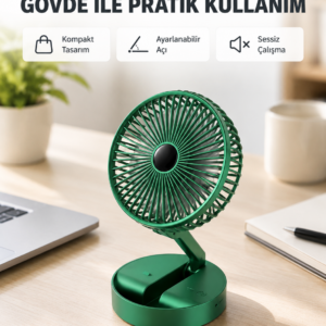 Şarjlı Katlanabilir Mini Fan – 3 Kademe Hız Ayarı, Taşınabilir Tasarım