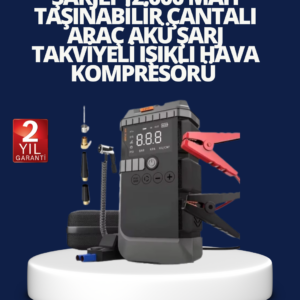 Şarjlı 12000 mAh Araç Akü Takviye ve Hava Kompresörü 4’ü 1 Arada