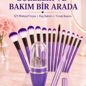 Kadın Makyaj ve Kişisel Bakım Seti 12’li Mor Makyaj Fırçası Kaş Düzeltici ve Manikür Tırnak Bakım Seti