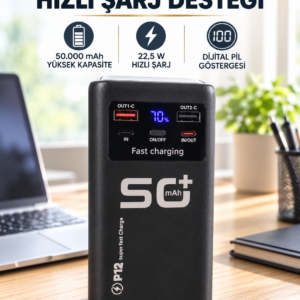 Yüksek Kapasiteli 50.000 mAh Powerbank 22,5 W Hızlı Şarj 4 Dahili Kablo LED Aydınlatma