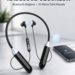 Mikrofonlu Boyun Bantlı Bluetooth Kulaklık Kablosuz Bağlantılı Ses ve Müzik Kontrollü Kulak İçi Kulaklık