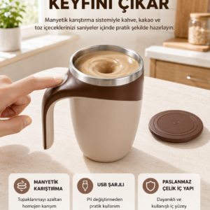 Manyetik Karıştırıcı Kupa USB Şarjlı Otomatik Karıştırma Çift Katmanlı