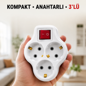 Anahtarlı 3’lü Priz Çoğaltıcı Kablosuz Duvar Tipi Topraklı Priz Çoklayıcı
