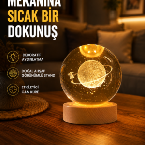 Kız Figürlü Sarı Cam Küre Işıklı Büyük Boy Ahşap Standlı Dekor