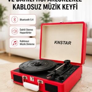 Taşınabilir Bavul Tipi Pikap Bluetooth Özellikli Dahili Hoparlörlü USB ve SD Kart Destekli Kırmızı