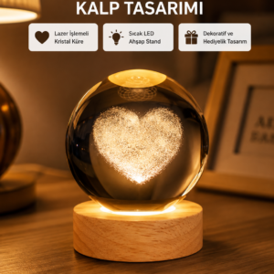 Romantik Kalpli Kristal Cam Küre USB’li Işıklı Dekoratif Obje