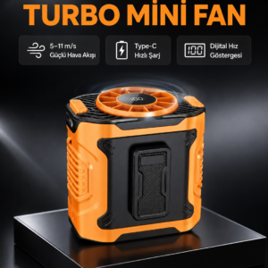 Dijital Ekranlı Turbo Mini Fan – 3 Kademeli Hız, Sessiz Çalışma ve Type-C Şarj