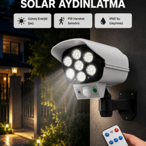 77 LED'li Güneş Enerjili Güvenlik Lambası ve Kukla Kamera – Hareket Sensörlü, 2400mAh Pilli