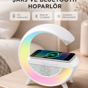 Kablosuz Şarjlı Bluetooth Hoparlör ve Gece Lambası – NFC, FM Radyo, RGB Işık
