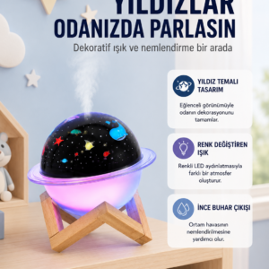 Projektör ışıklı ve aromaterapi destekli taşınabilir nemlendirici cihaz USB bağlantılı
