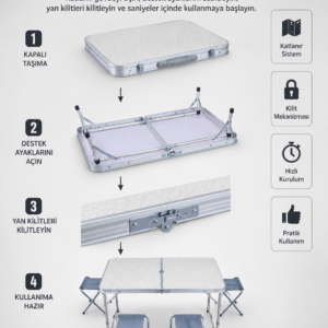 Valiz Tipi Katlanabilir Piknik Masası 4 Tabureli Taşınabilir Kamp Masası