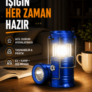 Güneş Enerjili Katlanabilir Kızaklı Kamp Feneri – USB Şarjlı, Çok Yönlü ve Dayanıklı Tasarım