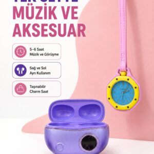 Kablosuz Kulaklık ve Pembe Çanta Charm Saat İkili Kampanya Seti Şarj Kutulu Taşınabilir Tasarım