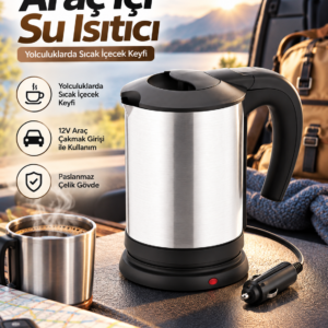 Otomobilde Kullanıma Uygun 12V Çakmak Soketli Paslanmaz Çelik Pratik Su Isıtıcı Kettle