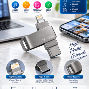 Çoklu Girişli 128GB Lightning Type C USB Flash Bellek Telefon Tablet ve Bilgisayar Uyumlu