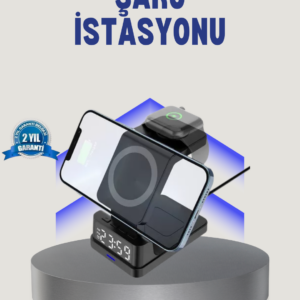 Kablosuz Şarj Cihazı ve Dijital Saat 4’ü 1 Arada Hızlı Şarj, LED Işıklı Tasarım