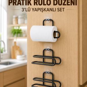 3’lü Yapışkanlı WC Kağıtlığı Siyah Rulo Tutucu Banyo ve Mutfak Kullanımı