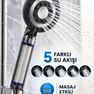 Siyah Filtreli Duş Başlığı 5 Farklı Su Akışı Masaj Etkili Klor ve Kireç Filtreleme