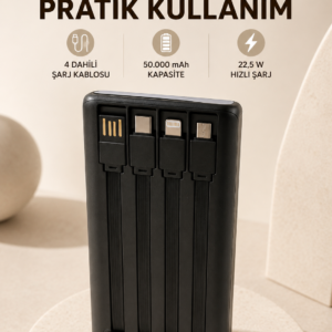 Hızlı Şarj Powerbank 50.000 mAh 4 Dahili Kablolu LED Aydınlatmalı Dijital Göstergeli Taşınabilir Batarya