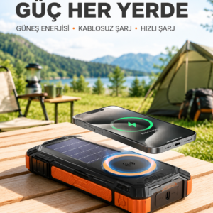 20000 mAh Powerbank Güneş Enerjili Kablosuz Şarj Hızlı Şarj Taşınabilir Batarya