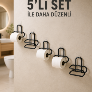 Yapışkanlı Tuvalet Kağıdı Askısı Siyah Metal Delmeden Montaj WC Kağıtlık 5 Adet