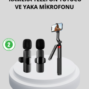Kablosuz Çift Yaka Mikrofonu ve Tripodlu Selfie Çubuğu İçerik Üretici Seti